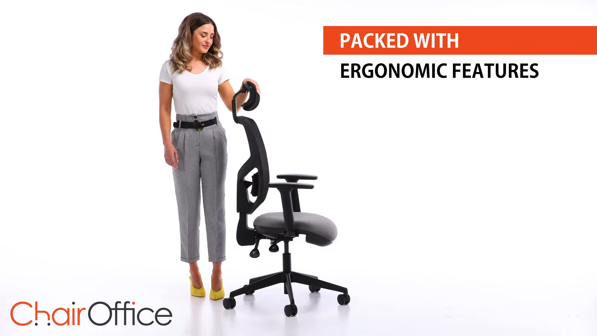 woman showing off ergonomic chair