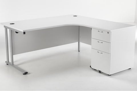 Kestral White Corner Desk And Pedestal - Right Handed Silver 1600mm