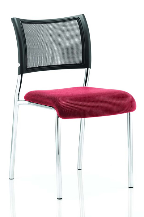 View Red Fabric Deeply Padded Stacking Visitor Chair Stacks 4 HighRobust Chrome Frame Black Breathable Mesh Backrest Fully AssembledMelbourn information