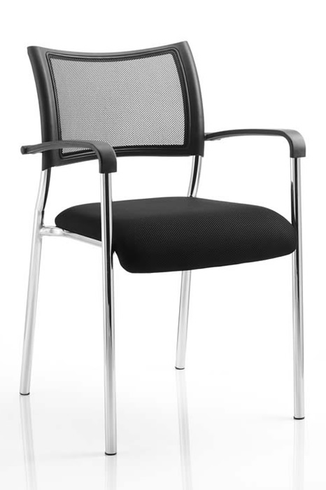 View Black Stackable Chrome Meeting Chair With Arms Breathable Mesh Backrest Stacks 8 Chairs High Robust Chrome Frame Deeply Padded Seat information