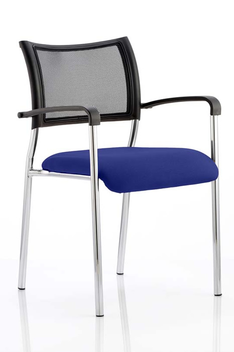View Blue Stackable Chrome Meeting Chair With Arms Breathable Mesh Backrest Stacks 8 Chairs High Robust Chrome Frame Deeply Padded Seat information