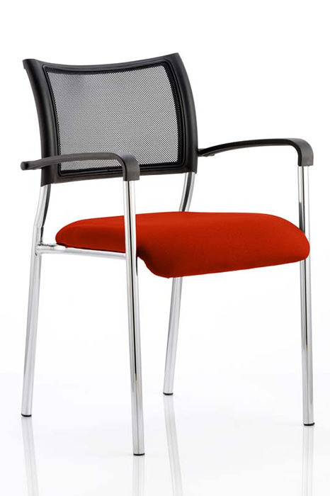 View Orange Stackable Chrome Meeting Chair With Arms Breathable Mesh Backrest Stacks 8 Chairs High Robust Chrome Frame Deeply Padded Seat information