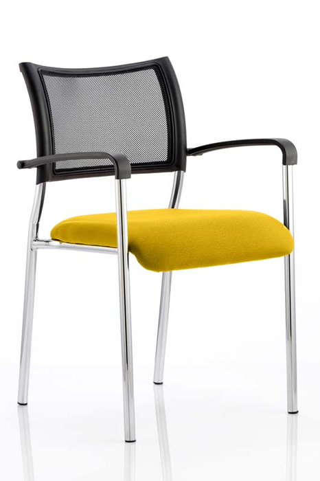 View Yellow Stackable Chrome Meeting Chair With Arms Breathable Mesh Backrest Stacks 8 Chairs High Robust Chrome Frame Deeply Padded Seat information