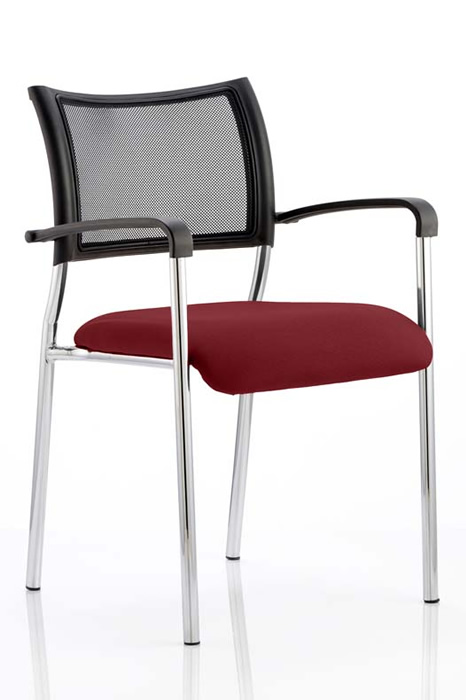 View Claret Stackable Chrome Meeting Chair With Arms Breathable Mesh Backrest Stacks 8 Chairs High Robust Chrome Frame Deeply Padded Seat information
