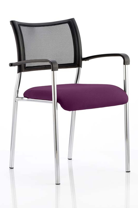 View Purple Stackable Chrome Meeting Chair With Arms Breathable Mesh Backrest Stacks 8 Chairs High Robust Chrome Frame Deeply Padded Seat information