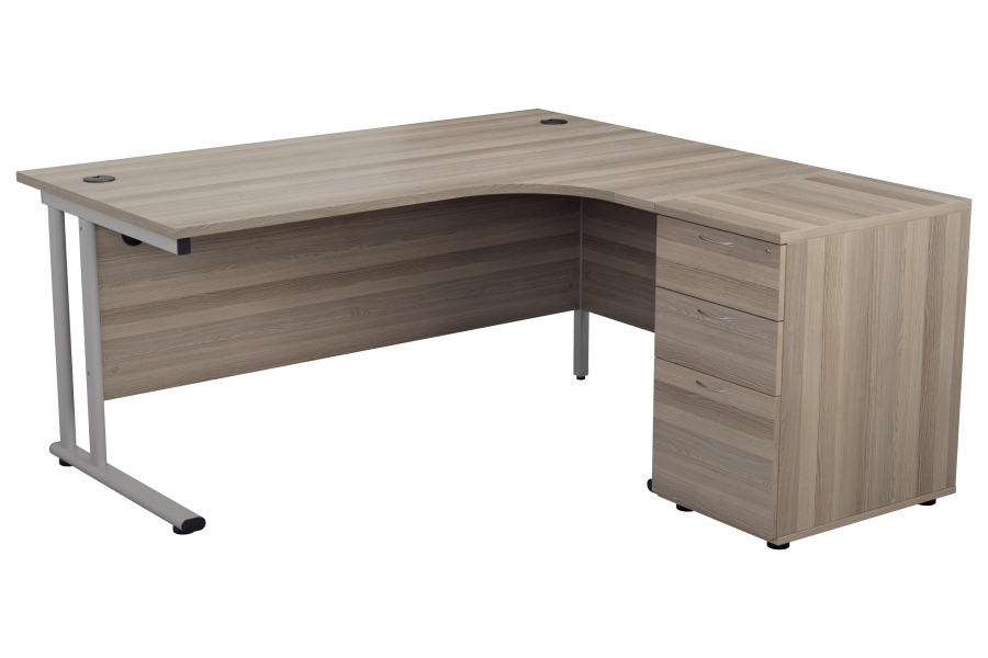 View 180cm x 120cm Grey Oak LShaped RightHanded Corner Desk Including 3 Drawer Filing Pedestal 3 Cable Manage Ports Silver Steel Frame Kestral information