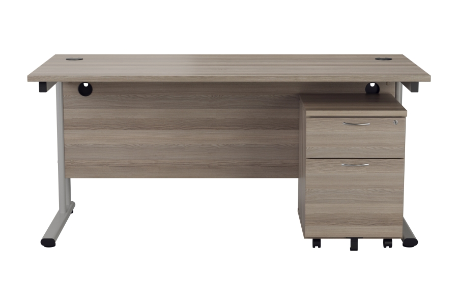 View Grey Oak 1400mm x 800mm Rectangular Cantilever Office Desk With 2 Drawer Pedestal Fully Locking Drawers Steel White Leg 2 Cable Ports information