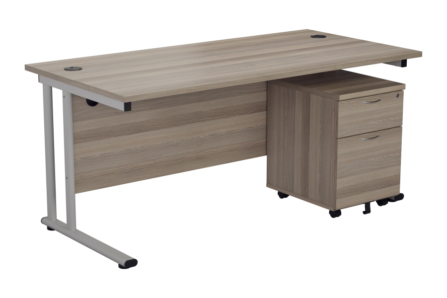 View Grey Oak 1800mm x 800mm Rectangular Cantilever Office Desk With 2 Drawer Pedestal Fully Locking Drawers Steel Silver Leg 2 Cable Ports information