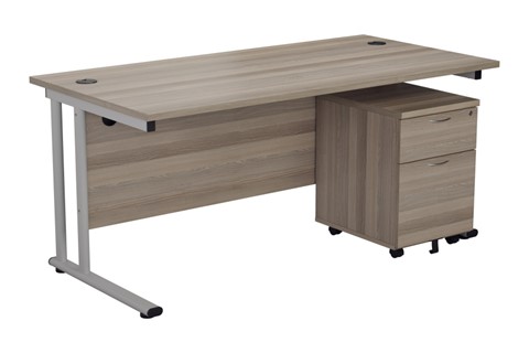 Kestral Grey Oak Promo Desk And Pedestal - 1400mm 2 Drawer Option Silver