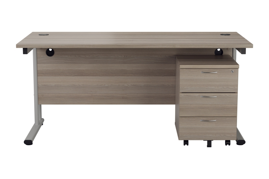 View Grey Oak 1400mm x 800mm Rectangular Cantilever Office Desk With 3 Drawer Pedestal Fully Locking Drawers Steel White Leg 2 Cable Ports information