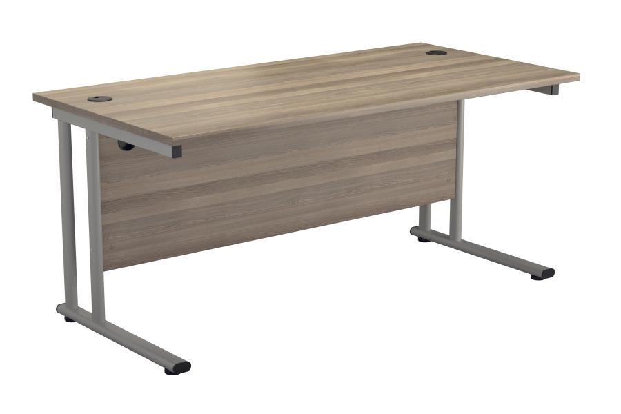 View 140cm x 60cm Grey Oak Rectangular Cantilever Office Desk Scratch Resistant Surface 2 Cable Ports Flat Packed Optional Install Kestral information