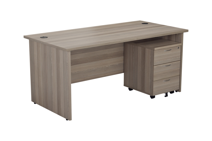 View Grey Oak 1800mm x 800mm Rectangular Office Desk With 3 Drawer Mobile Pedestal Panel Leg Two Cable Ports Scratch Resistant Easy Glide Drawers information