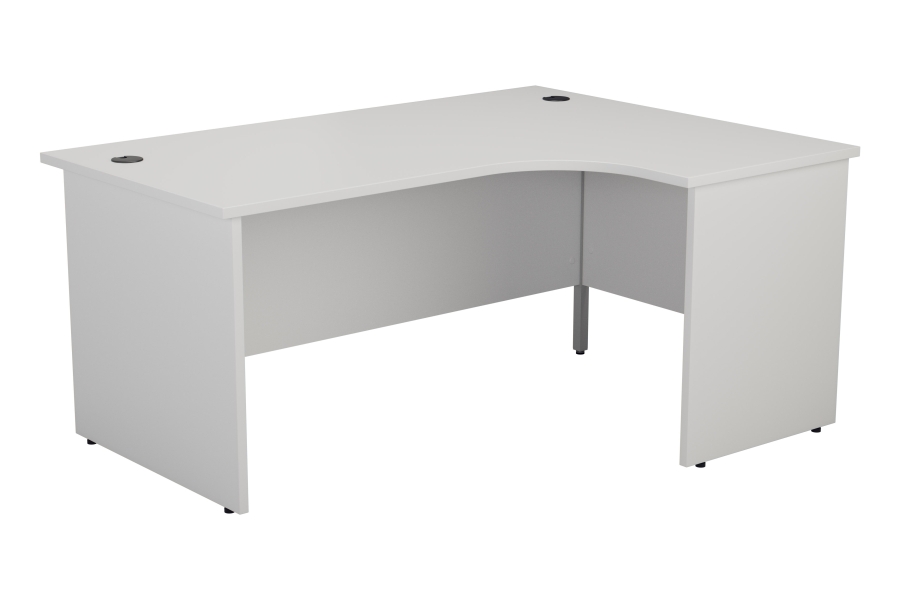 View White LShaped Crescent Corner Desk RightHanded 1600mm x 1200mm 3 Cable Management Ports Panel Leg Base 25mm Scratch Resistant Top Kestral information