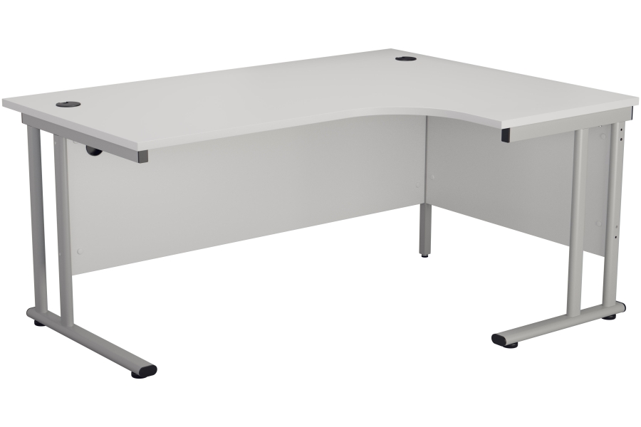 View White 180cm x 120cm RightHanded LShaped Corner Cantilever Office Desk Three Cable Management Access Ports Silver Steel Frame Kestral information