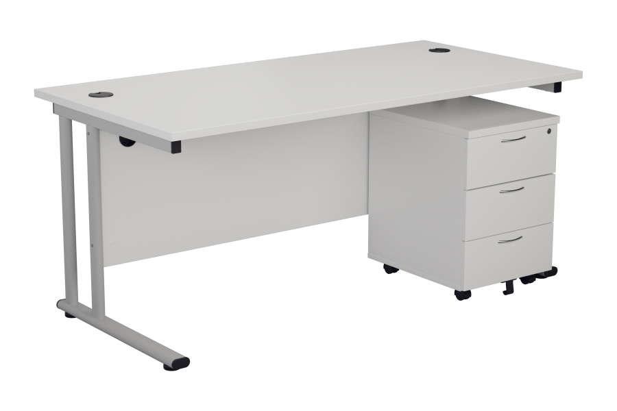 View White Rectangular Cantilever Office Desk With 3 Drawer Pedestal Combo 1400 1600 or 1800mm Wide 2 Leg Colours Kestral information