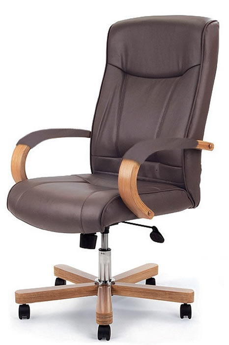 View Brown Leather Home Office Chair Wooden Oak Finish Arms And Legs Contrast Stitching Reclining Backrest Height Adjustable Seat Easy Glide Whee information