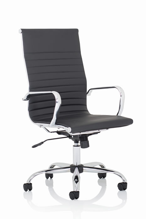 View Hiero High Back Modern Slim Designer Office Chair Black Padded Faux Leather Chrome Loop Armrests Seat Height Adjust Easy Roll Wheels information