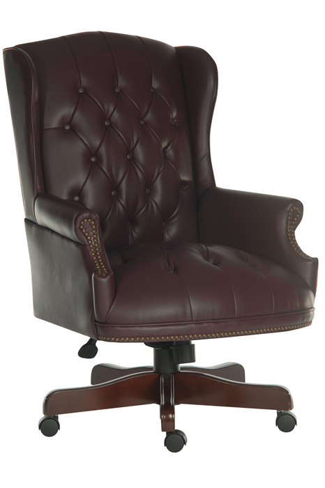 View Traditional Burgundy Leather Directors Button Backed Swivel Office Chair Traditional Copper Studding Wooden Frame Swivel Recline Chairman information