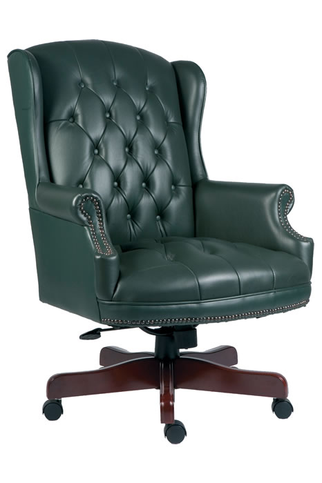 View Traditional Green Leather Directors Button Backed Swivel Office Chair Traditional Copper Studding Wooden Frame Swivel Recline Chairman information