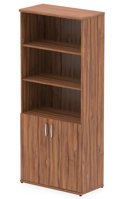 View Walnut Finish Tall Open Bookcase With 2 Door Cupboard Fully Lockable Doors 2 Keys Adjustable ShelvesLevelling Feet Nova information