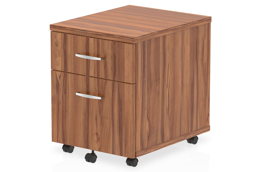 View Walnut Finish Two Drawer Mobile Under Desk Filing Pedestal Drawers Fully Lockable Drawers One Box Drawer One Filing Drawer Rollable Wheels information