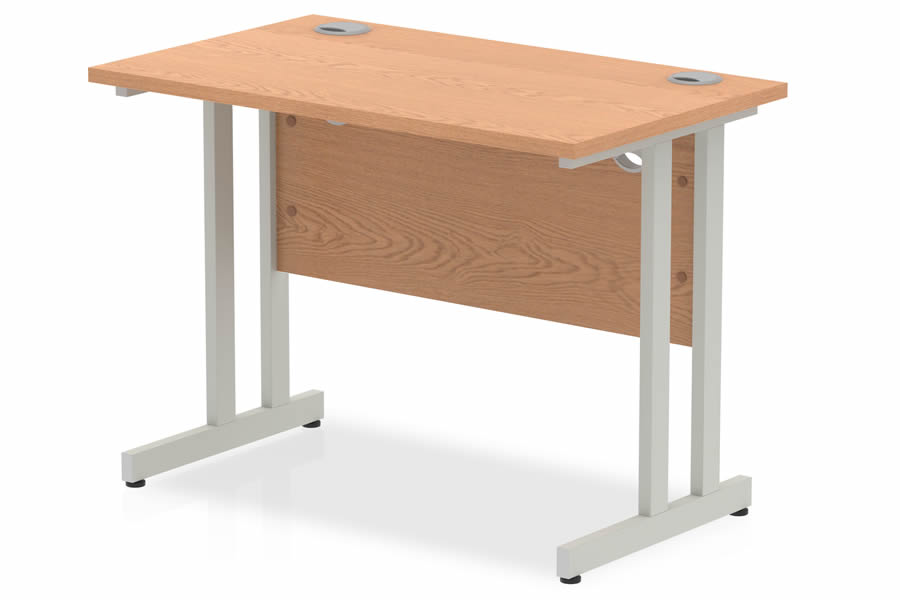 View Oak Small Rectangular Cantilever Office Desk 1000mm x 800mm Two Cable Management Port Silver Steel Leg Frame Impulse Oak Desk Norton information