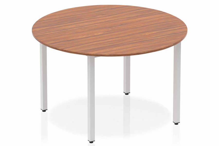 View Walnut Finish 120cm Circular MultiPurpose Meeting Table Steel Post Leg Scratch Resistant Surface Nova information