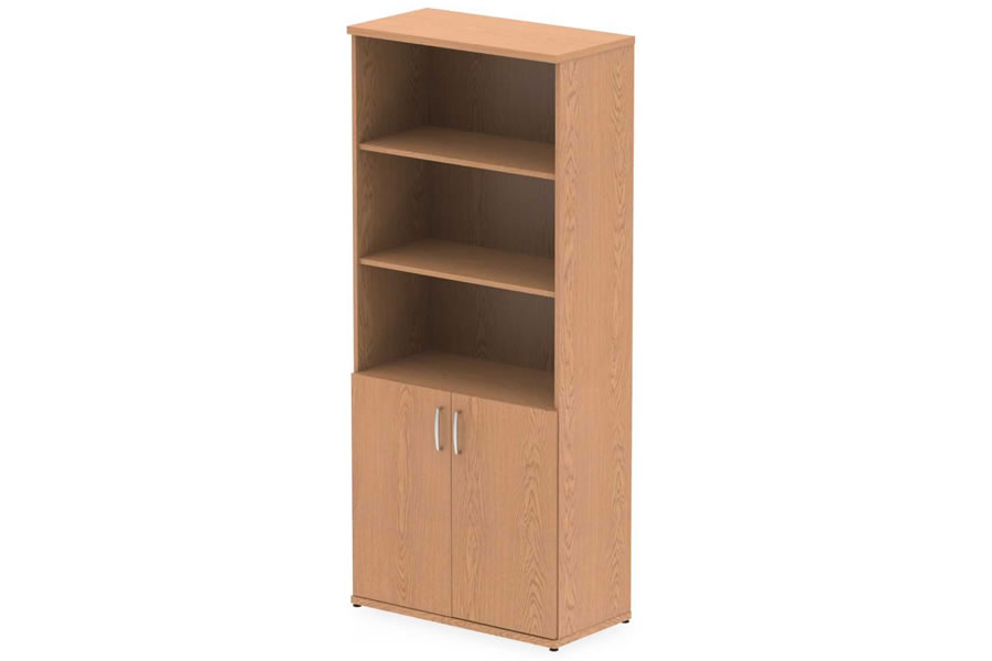 View Oak Finish Tall Open Bookcase With 2 Door Cupboard Fully Lockable Doors 2 Keys Adjustable ShelvesLevelling Feet Norton information