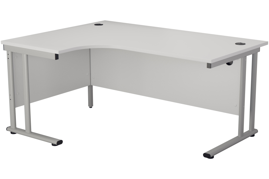 View White 160cm x 120cm LeftHanded LShaped Corner Cantilever Office Desk Three Cable Management Access Ports Silver Steel Frame Kestral information