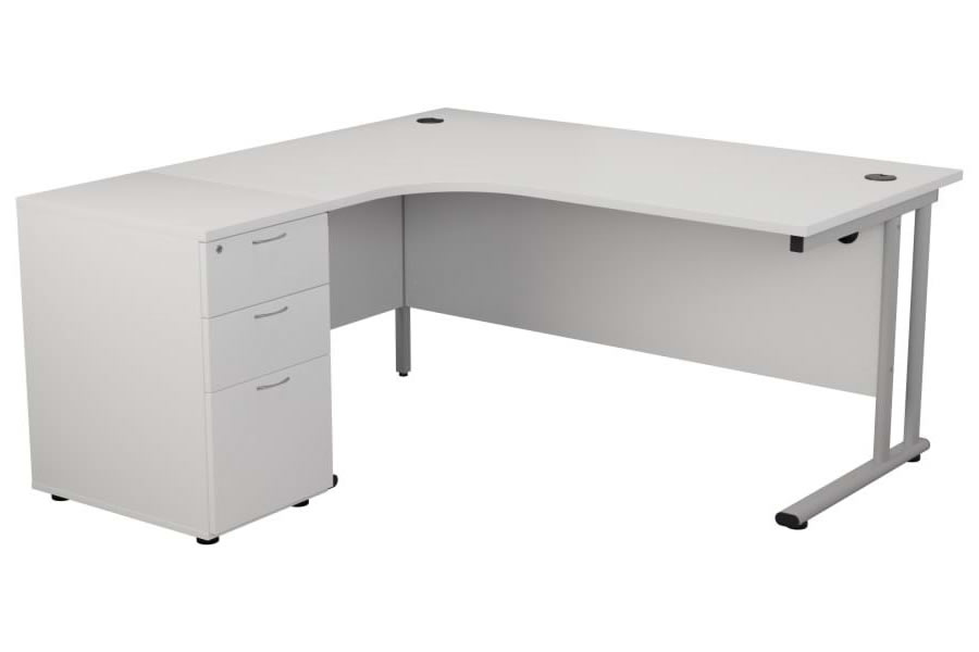 View White LShaped Corner Desk 3 Drawer Storage Pedestal 1600mm x 1200mm Left Handed Silver Steel Leg 25mm Top Surface 2 Cable Ports information