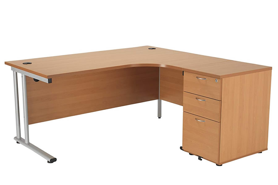 View Beech LShaped Corner Desk 3 Drawer Pedestal Included Right Handed 1800mm x 1200mm 25mm Scratch Resistant Surface 2 Cable Ports information