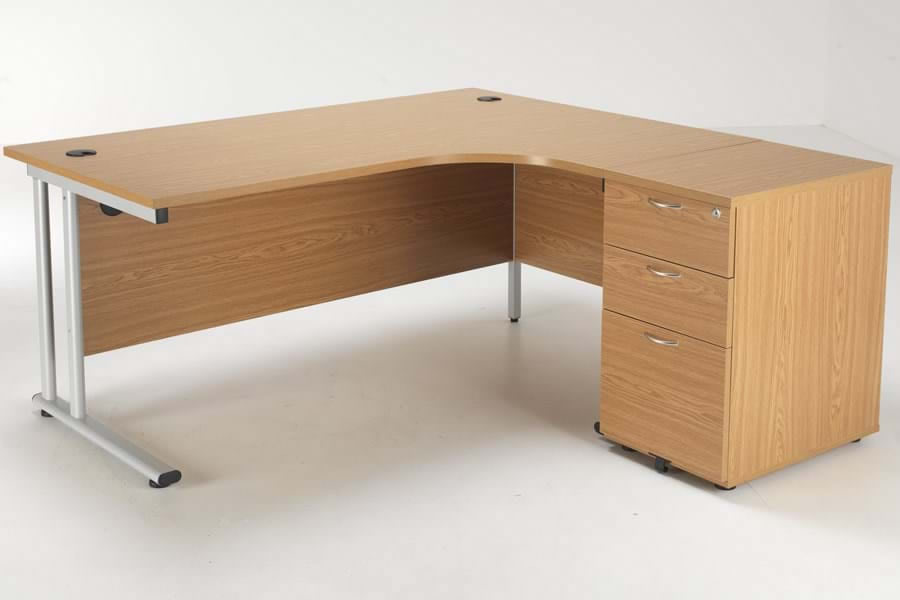 View Oak LShaped Right 1600mm Corner Desk 3 Drawer Pedestal Kestral White Leg information