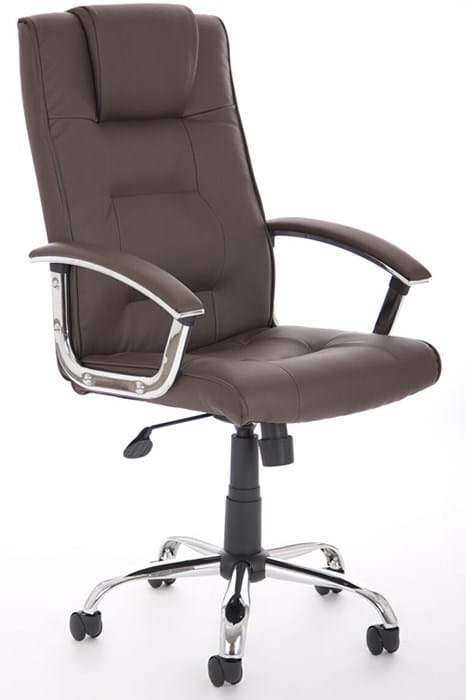 View Loughborough Brown Leather Manager Office Chair High Backed Lumbar Support Padded Headrest Padded Arms Chrome Frame information