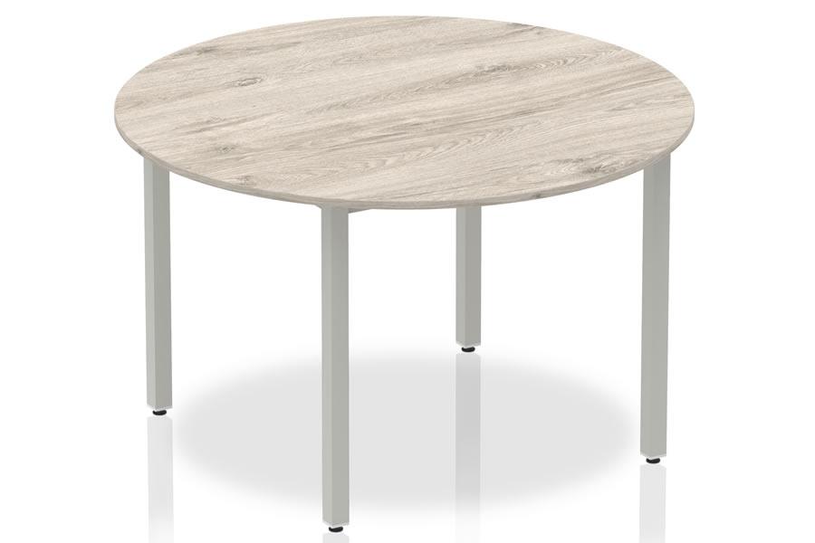 View Grey Oak Finish 120cm Circular MultiPurpose Meeting Table Silver Metal Box Frame Leg Scratch Resistant Surface Gladstone information