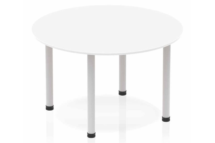 White 1200mm Round Office Table Seats 4 People Silver Post Leg Polar