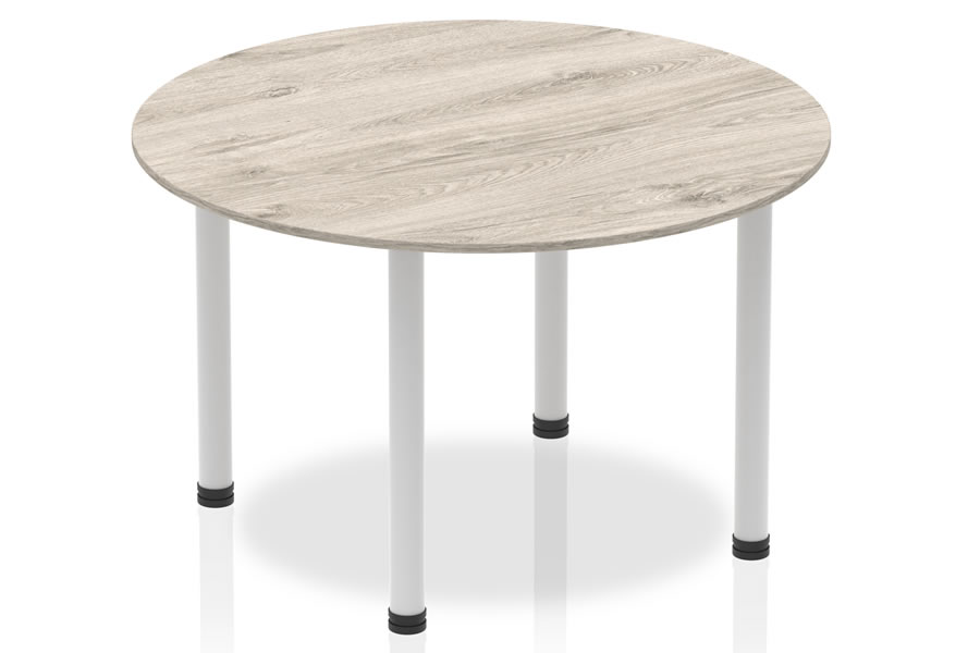 View Grey Oak Circular Meeting Table In Grey Oak Finish Seats Four People Suitable For Office Meetings Grey Steel Legs With Adjustable Feet Scratch information