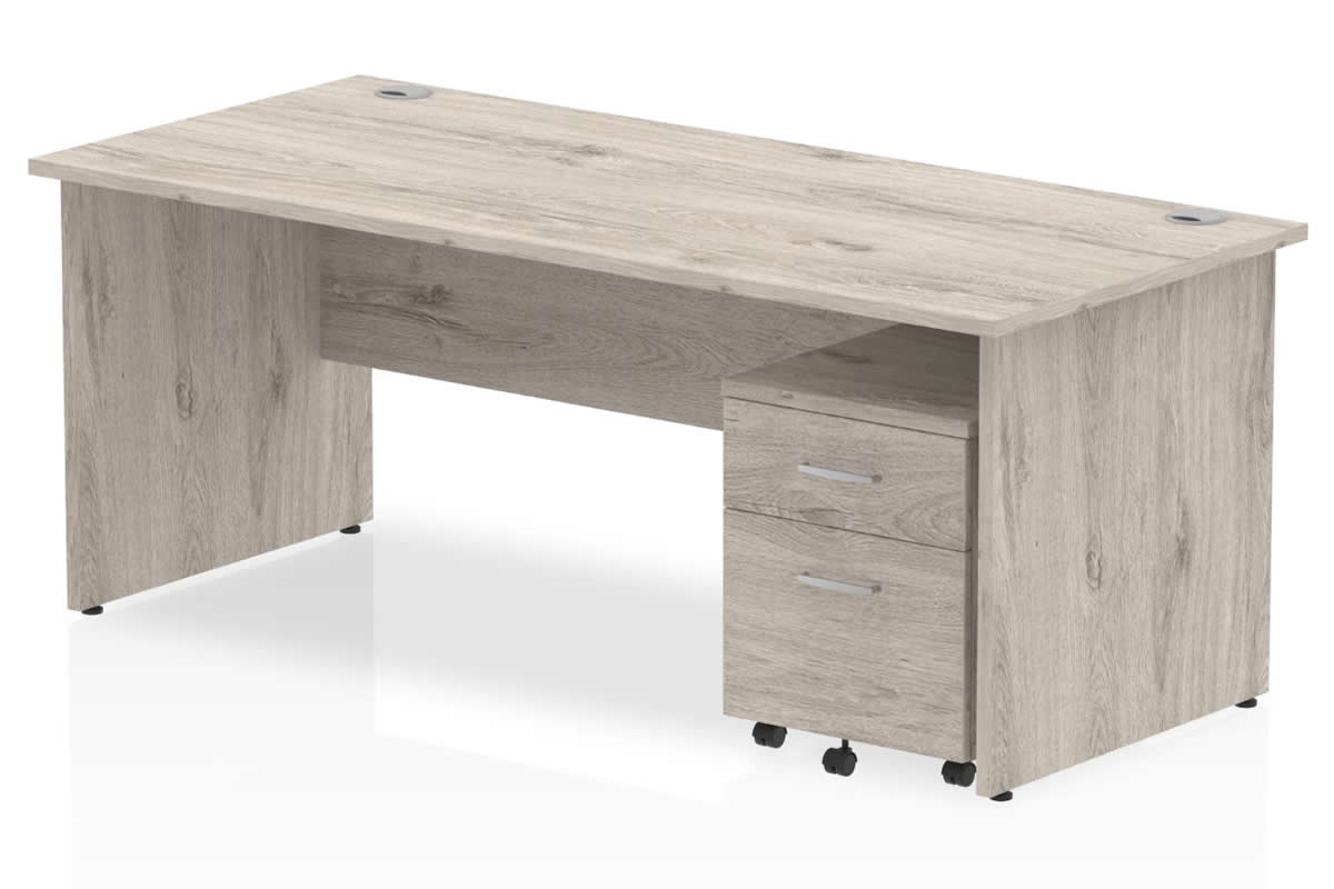 View Grey Oak Rectangular Panel End Office Desk 2 Drawer Pedestal Storage Drawers 1400mm x 800mm Fully Locking Drawers 2 Cable Ports Gladstone information