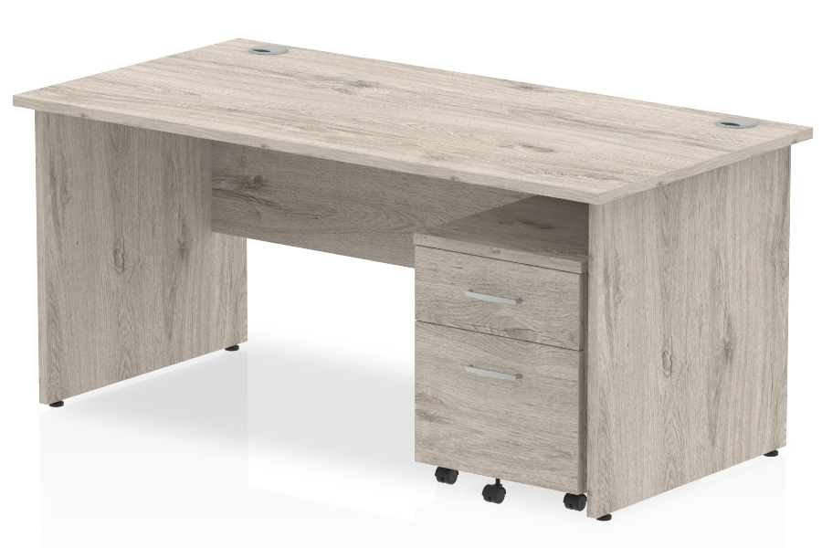 View Grey Oak Rectangular Panel End Office Desk 2 Drawer Pedestal Storage Drawers 1600mm x 800mm Fully Locking Drawers 2 Cable Ports Gladstone information