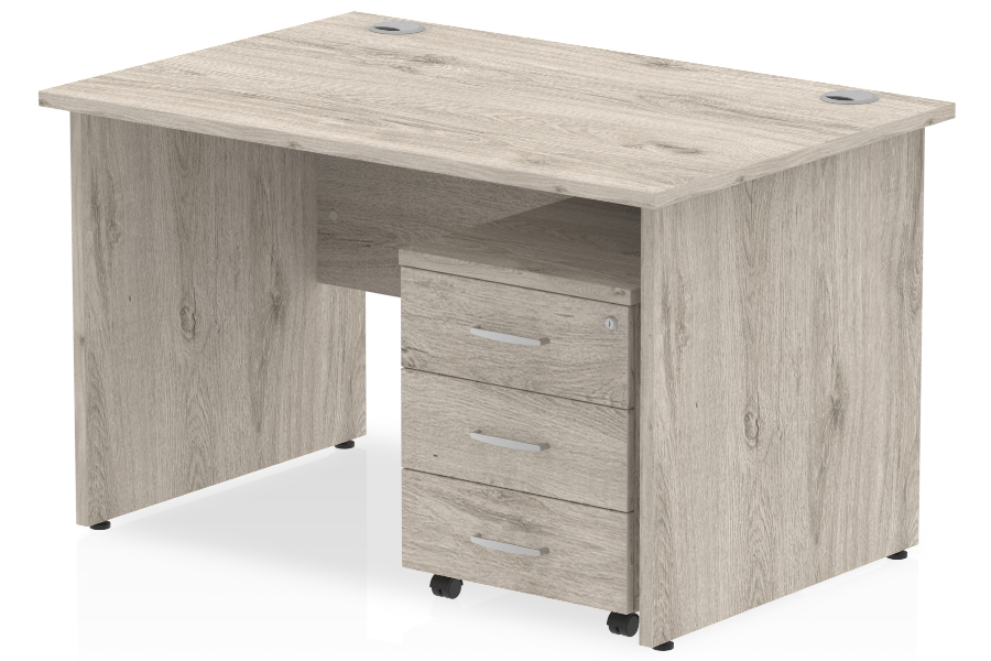 View Grey Oak Rectangular Panel End Office Desk 3 Drawer Pedestal Storage Drawers 1200mm x 800mm Fully Locking Drawers 2 Cable Ports Gladstone information