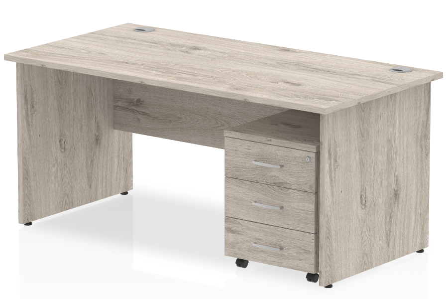 View Grey Oak Rectangular Panel End Office Desk 3 Drawer Pedestal Storage Drawers 1600mm x 800mm Fully Locking Drawers 2 Cable Ports Gladstone information