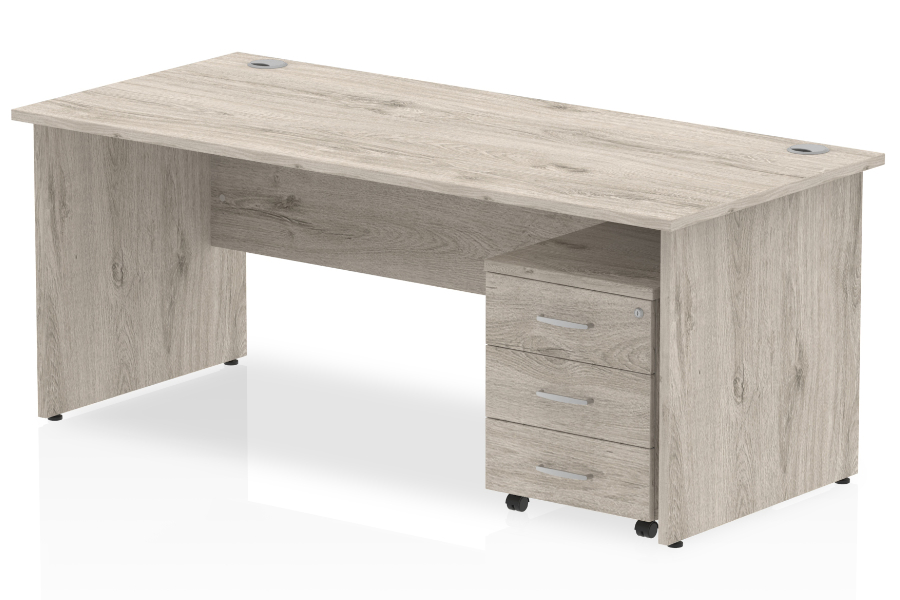 View Grey Oak Rectangular Panel End Office Desk 3 Drawer Pedestal Storage Drawers 1800mm x 800mm Fully Locking Drawers 2 Cable Ports Gladstone information