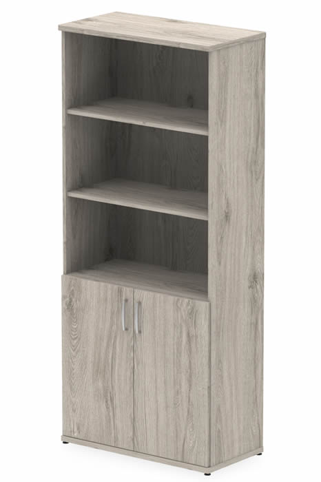 View Grey Oak Tall Office Study Bookcase With Integral Two Door Cupboard Adjustable Shelves Locking Cupboard Doors With Adjustable Shelf Gladstone information