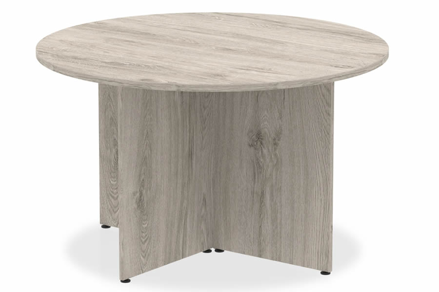 View Grey Oak Round Home Office Meeting Table 120cm Diameter Seats Four People 25mm Scratch Resistant Table Top Surface Levelling Feet information