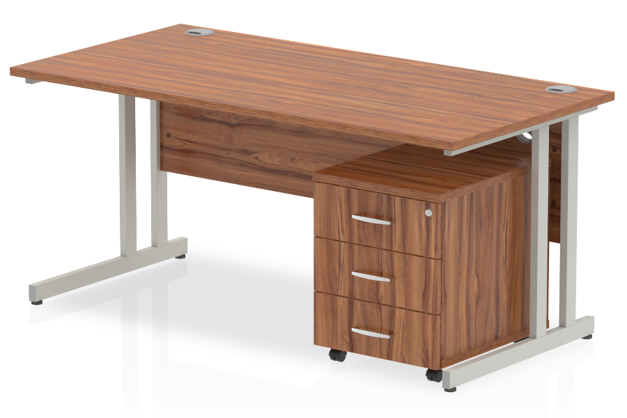 View Walnut Rectangular Office Desk 3 Drawer Pedestal 1400mm Wide Nova information