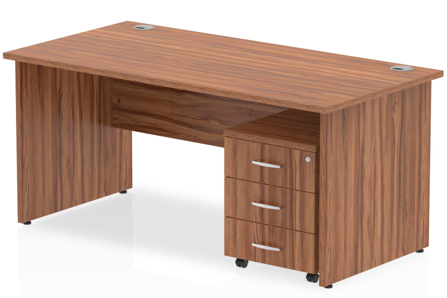 View Walnut Rectangular Office Panel Desk 3 Drawer Pedestal 1400mm Wide Nova information