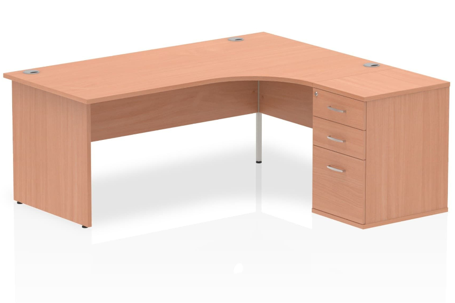 View Beech LShaped Left Corner Panel Desk 3 Drawer Pedestal 1800mm Price Point information