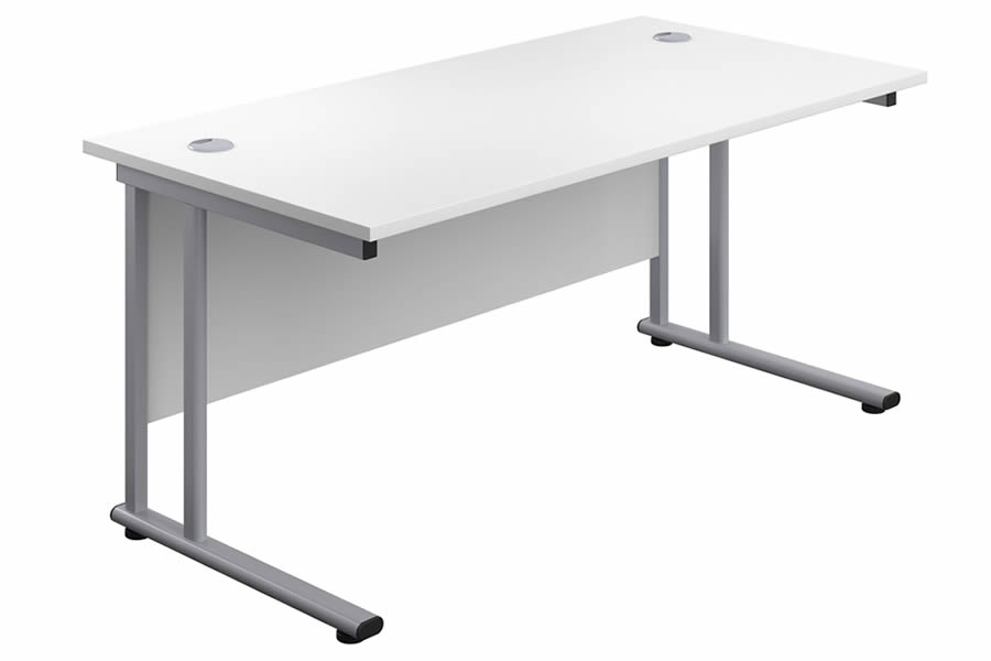 View 160cm x 80cm White Rectangular Straight Office Desk Two Cable Management Access Points Silver Cantilever Frame Leg 5Year Guarantee Kestral information