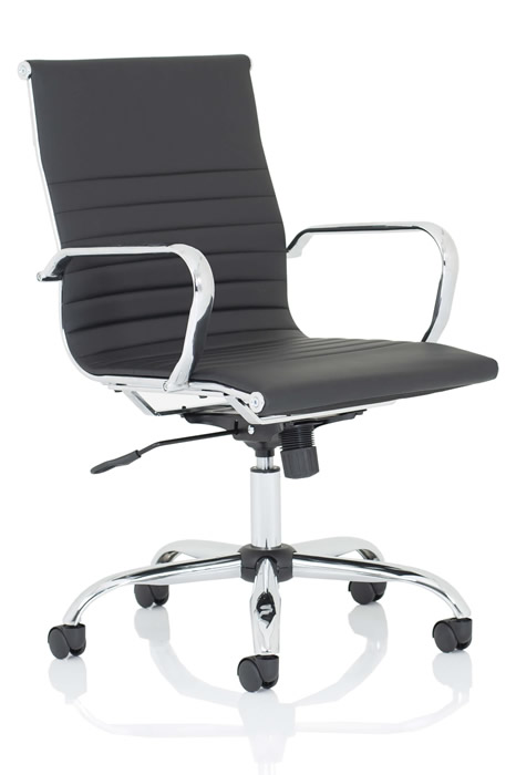 View Black Faux Leather Medium Back Modern Contemporary Designed Home Office Chair Robust Modern Chrome Frame Reclining Backrest Seat Height Adjustme information