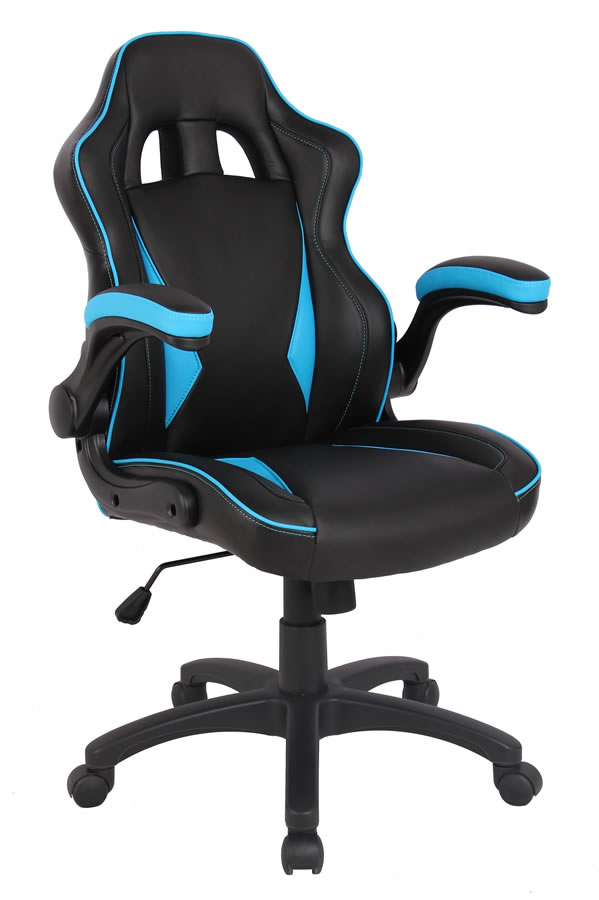 View Black Blue Gaming Home Office Student Study Chair With Fold Away Arms Reclining Backrest Height Adjustable Seat Easy Roll Wheels Mario information
