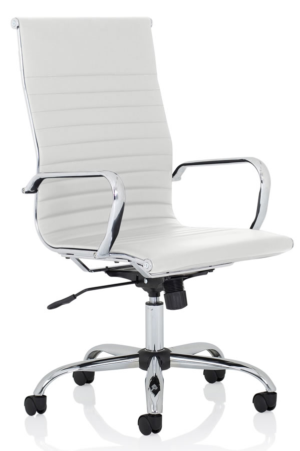 View White High Back Modern Leather Office Chair Seat Height Adjustment Reclining Backrest Lockable In Upright Position Chrome Arms Base Nola information